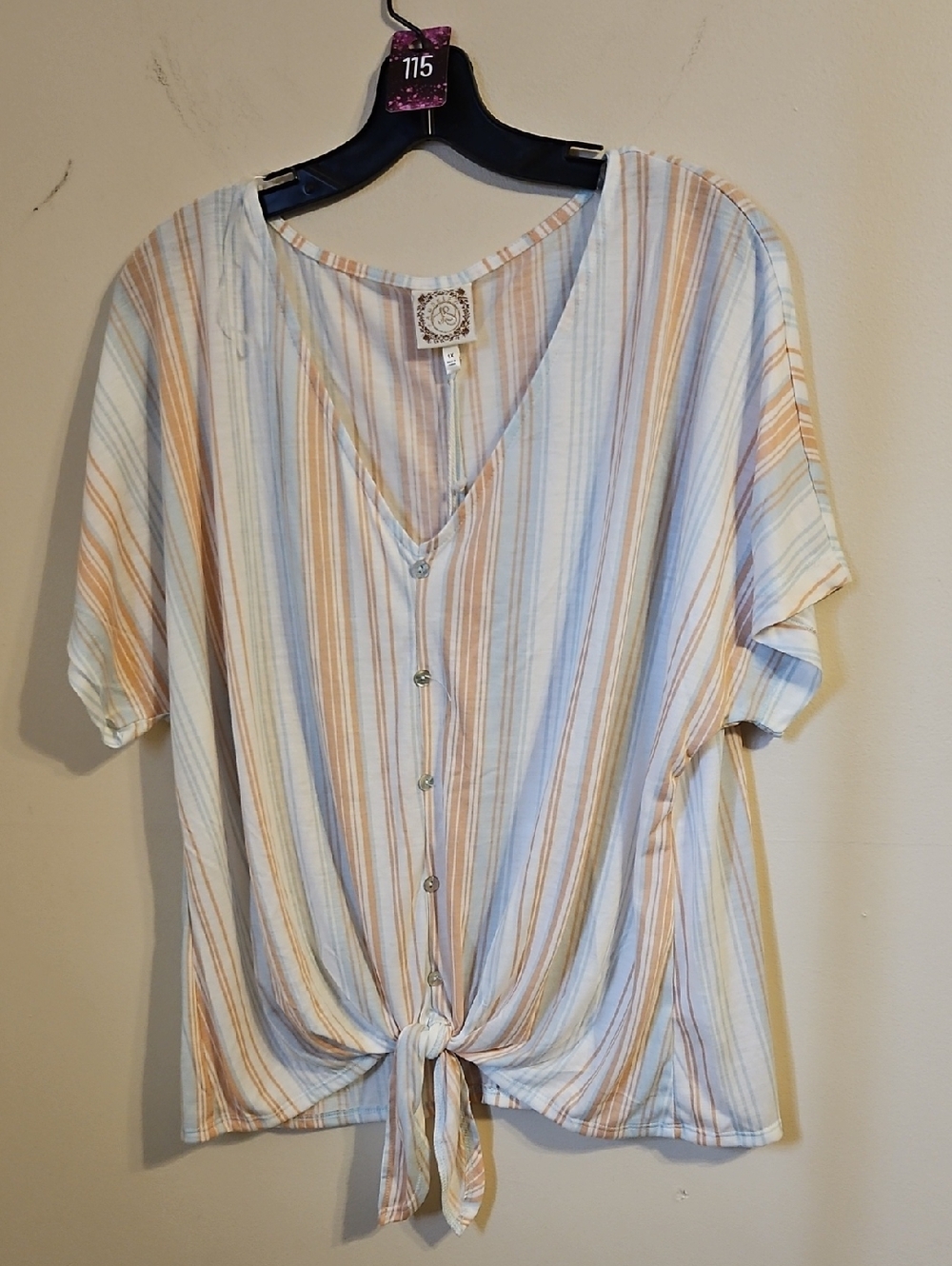 Tru Self Stripped V Neck Tie Front Blouse. NWT